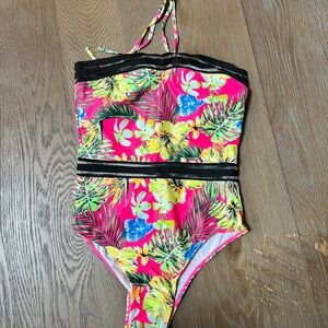 🌊Edel Qual One Piece Swimsuit Tropical Floral Mesh Halter Tie‎ Back M